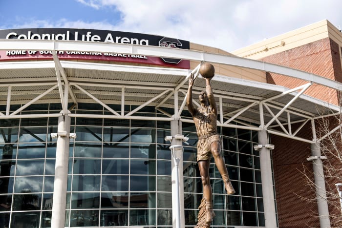 A statue of A'ja Wilson outside Colonial Life Arena